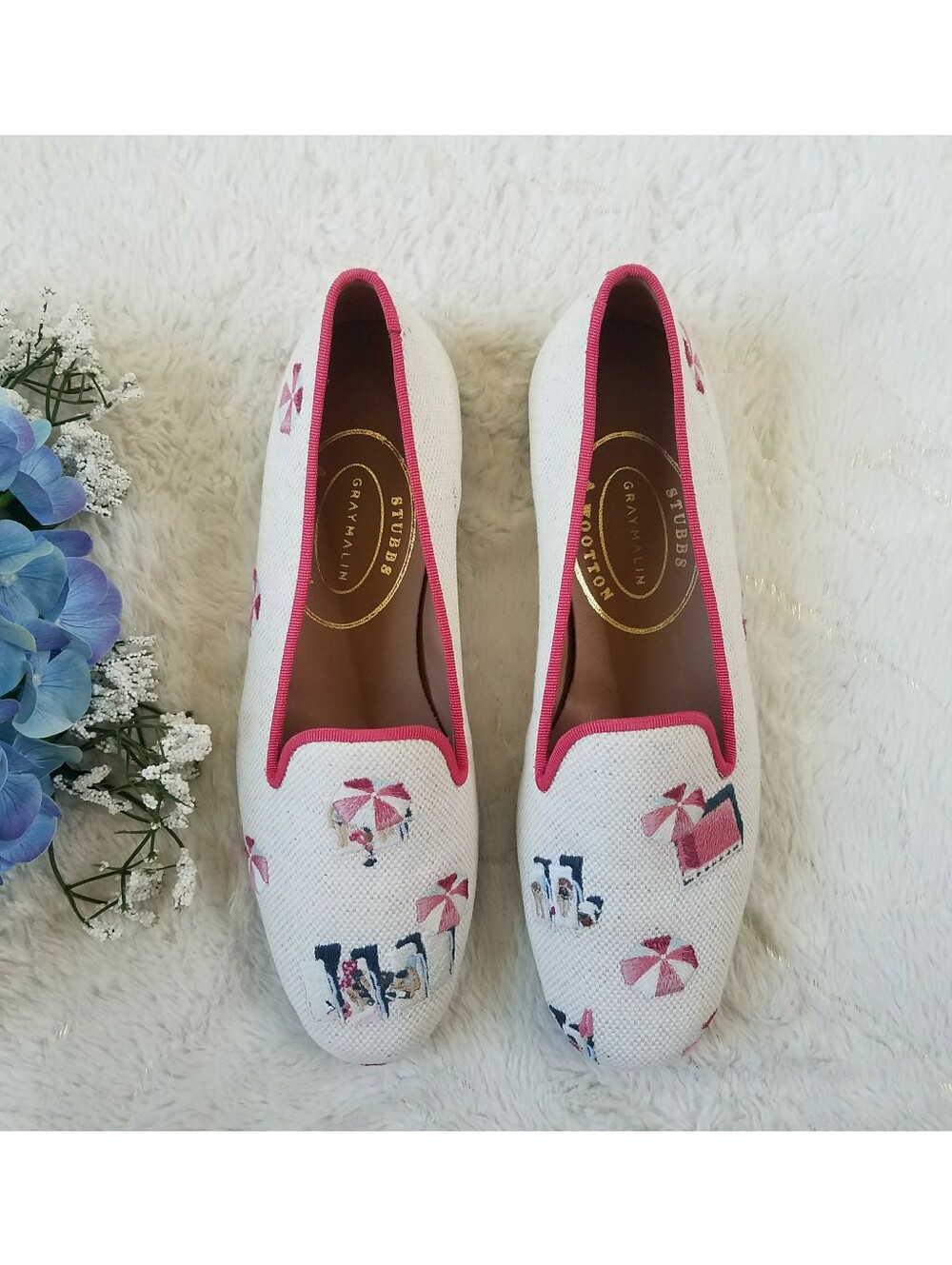 Stubbs & Wootton Palm Beach Linen Slipper Beach Embroidered Loafers - Picture 2 of 10